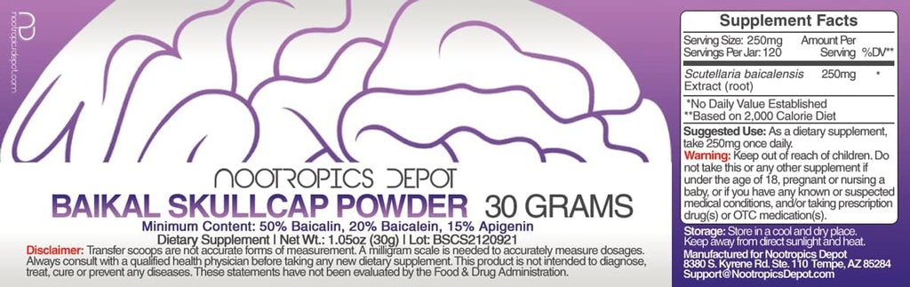 Baikal Skullcap Extract Powder | 30 g | Estandarizado >15% Apigenina, 20% Baicaleína, 50% Baicalina