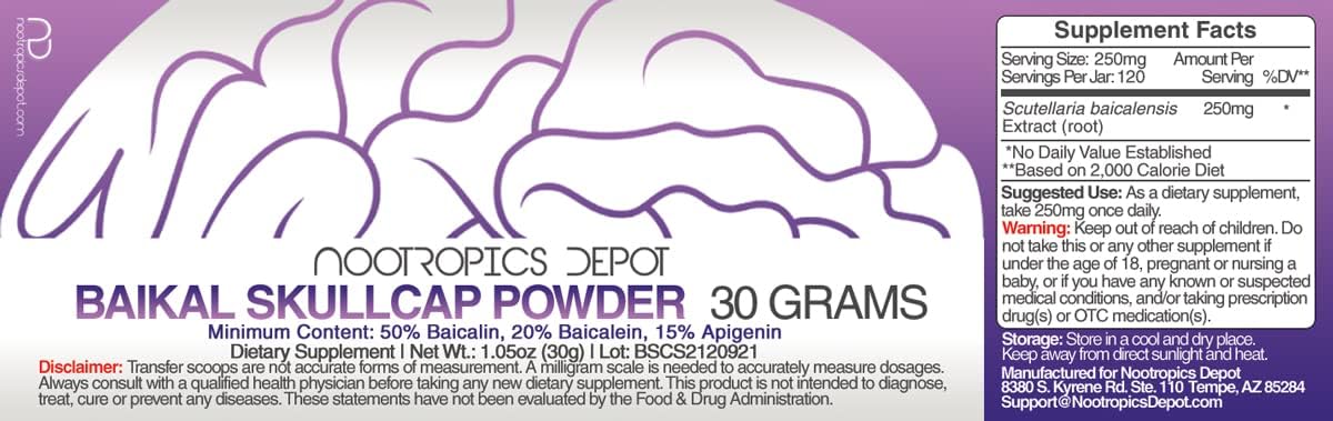 Baikal Skullcap Extract Powder | 30 g | Estandarizado >15% Apigenina, 20% Baicaleína, 50% Baicalina
