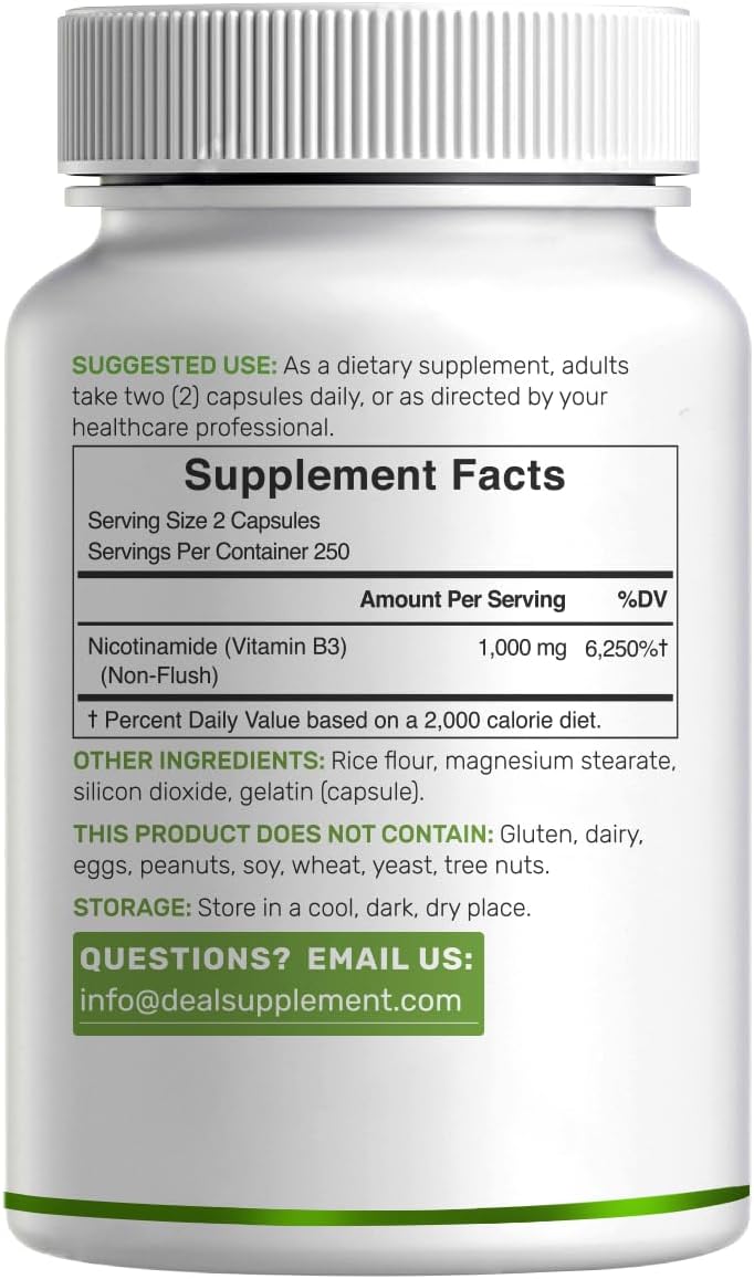 Vitamina B3 Niacinamida 1000 mg - 500 Cápsulas - Sin Rubor