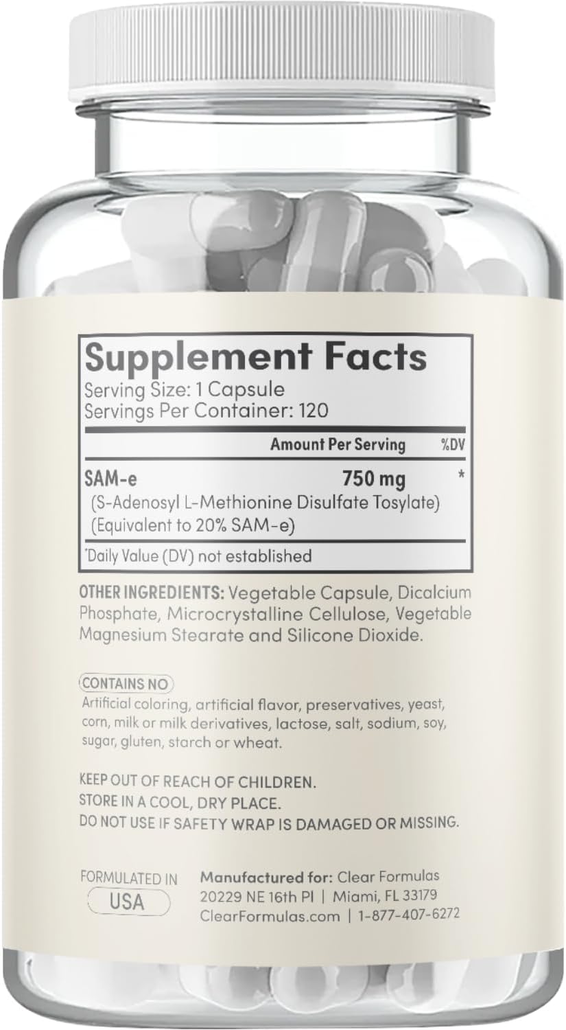 Bioactive SAM-e 750mg - Suplemento de SAM-e de Alta Potencia con Forma S,S Activa - Vegano Sin OGM Sin Conservantes - Fabricado en EE.UU. (120 Cápsulas)