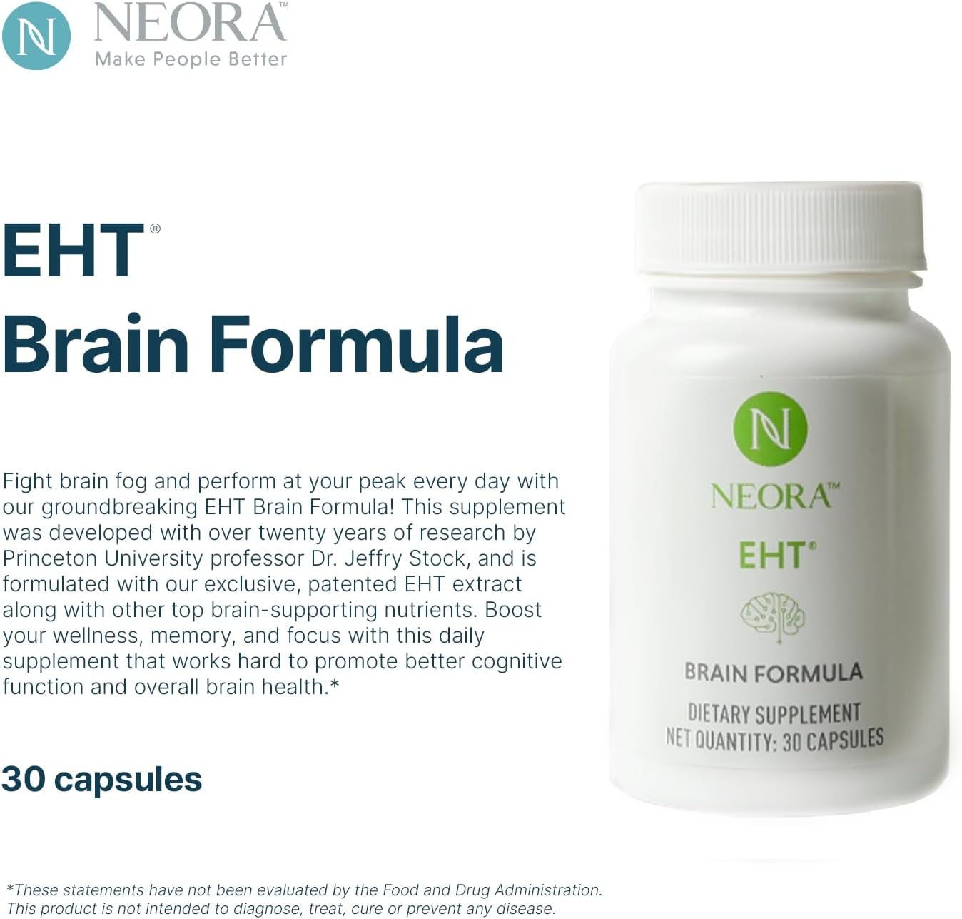 NEORA EHT Brain Formula - Fórmula Cerebral con EHT, B6, B12, D, Ácido Alfa Lipoico, Huperzina-A - 30 Cápsulas
