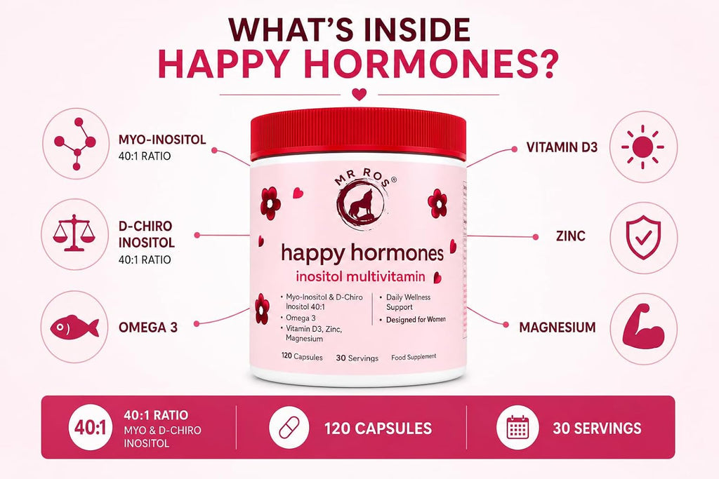Myo & D-Chiro Inositol 40:1 para Mujeres | 2000mg Myo + 50mg D-Chiro | Omega 3, Magnesio, Zinc & Vitamina D3 | 120 Cápsulas
