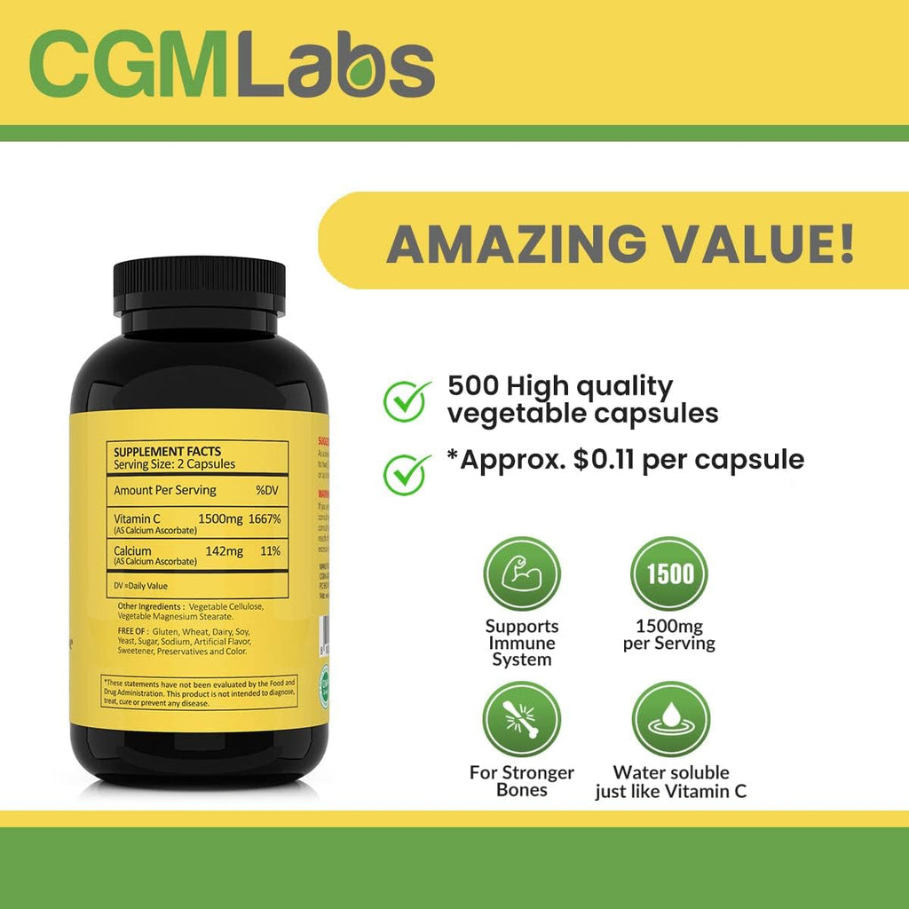 CGMLABS Vitamina C No Ácida 1500mg con Calcio - 500 Cápsulas