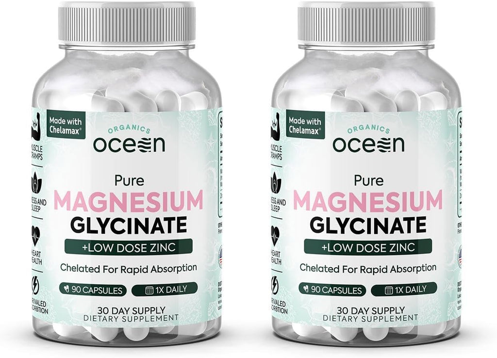 Organics Ocean Magnesio Glicinato Puro con Zinc - Suplemento de Magnesio Quelado de Máxima Potencia para Mujeres y Hombres, Ayuda contra Calambres Musculares y Favorece el Sueño - 6 Frascos