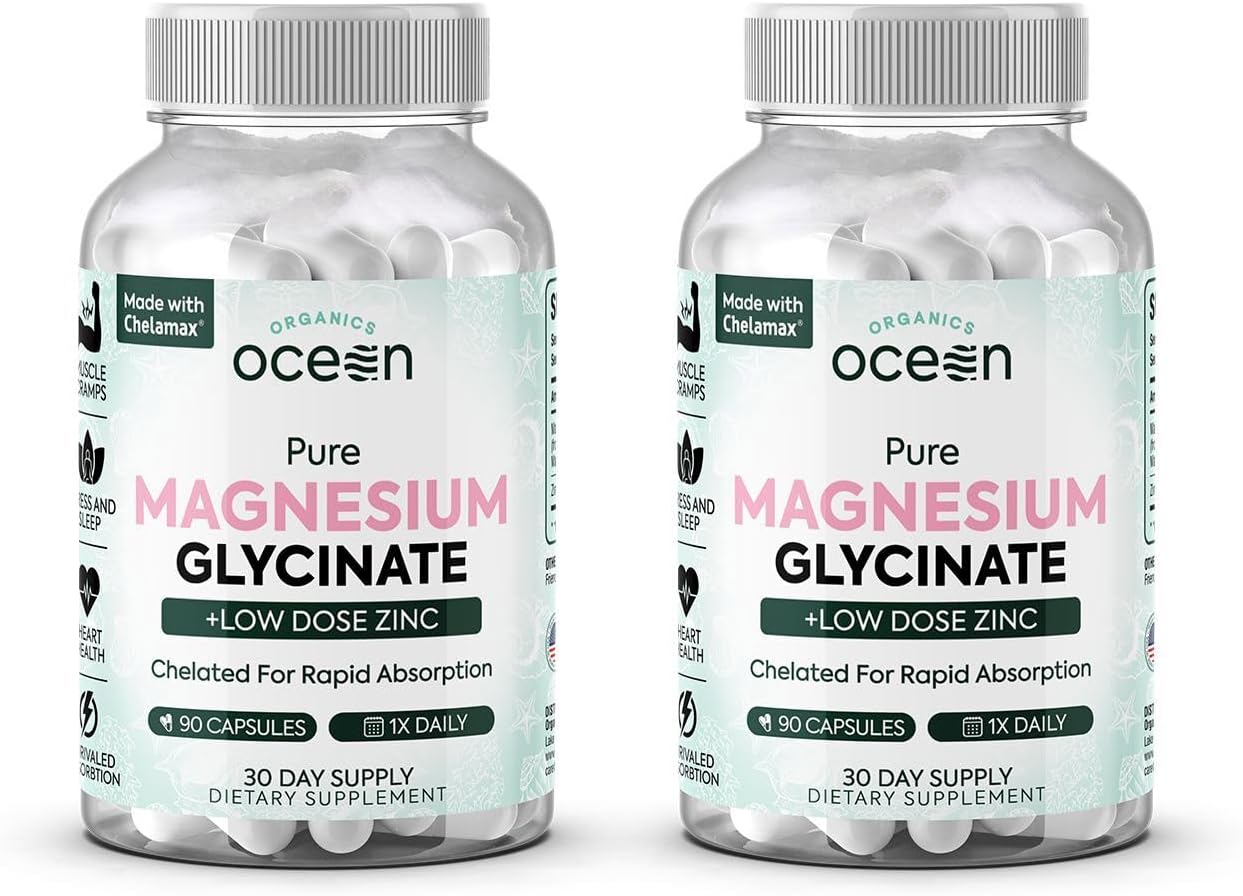Organics Ocean Magnesio Glicinato Puro con Zinc - Suplemento de Magnesio Quelado de Máxima Potencia para Mujeres y Hombres, Ayuda contra Calambres Musculares y Favorece el Sueño - 6 Frascos