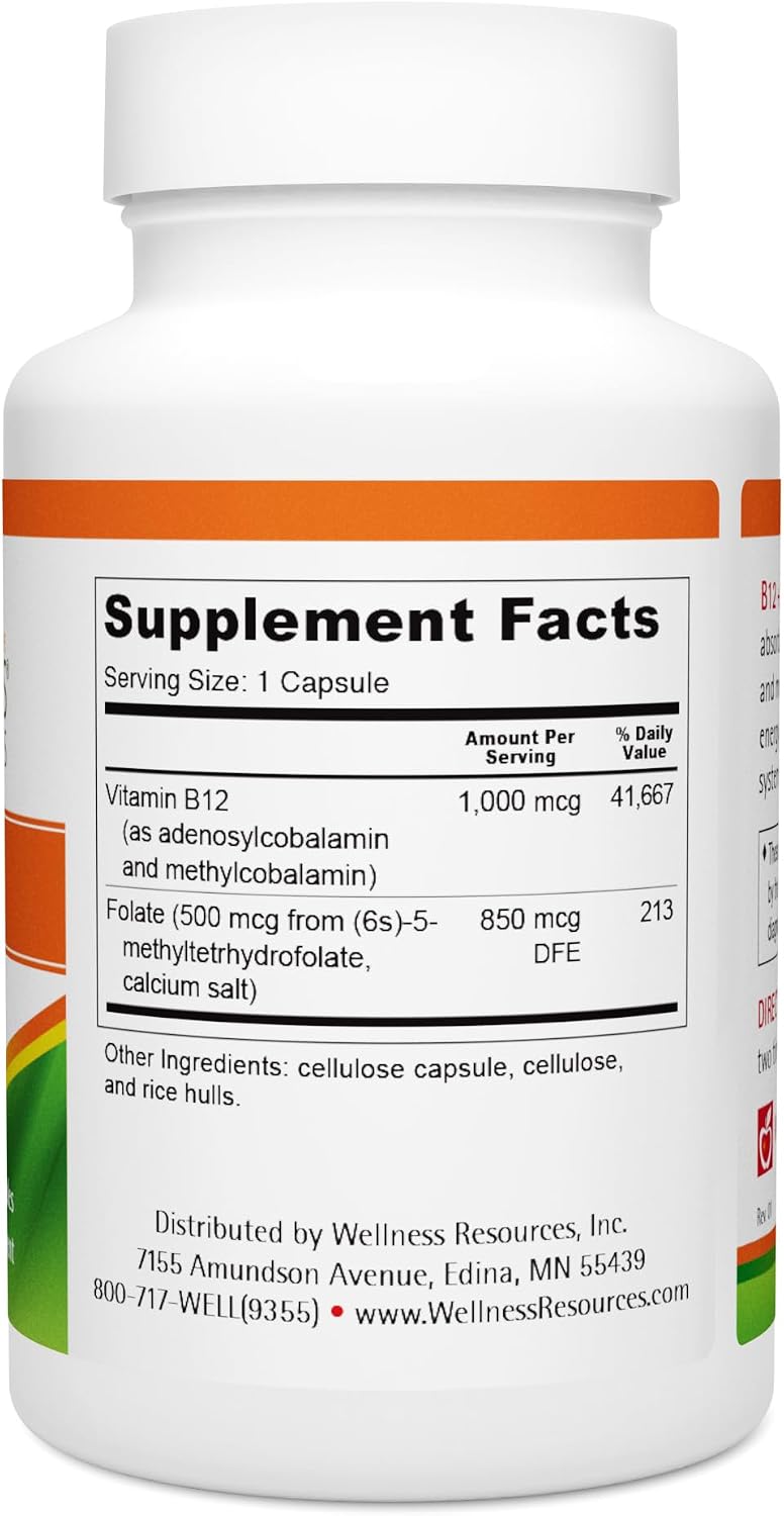 Wellness Resources B12 y Folato - Complemento con Metilcobalamina y 5-MTHF