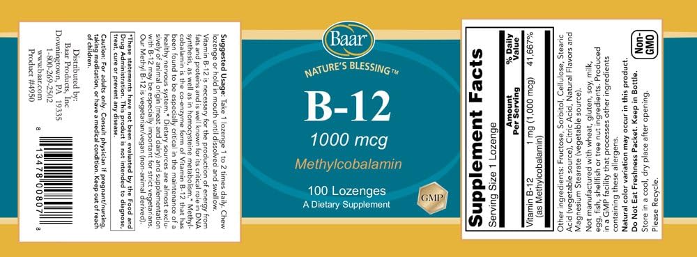 Pastillas Baar Brain B12 - 1000 mcg, 100 comprimidos