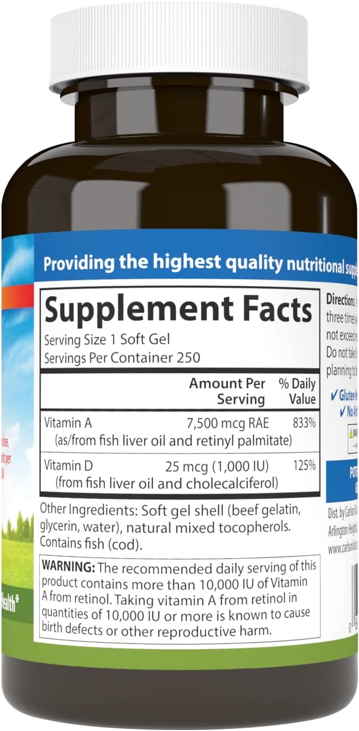 Carlson A y D, 25.000 UI de Vitamina A y 1.000 UI de Vitamina D3, 250 Cápsulas Blandas