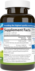 Carlson A y D, 25.000 UI de Vitamina A y 1.000 UI de Vitamina D3, 250 Cápsulas Blandas