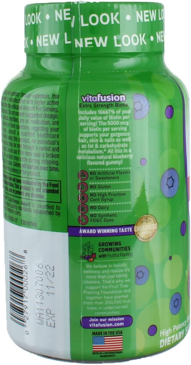 Vitafusion Biotina 5000 mcg Gominolas, Extra Strength, Sabor Natural a Arándano, 100 uds (Pack de 3)