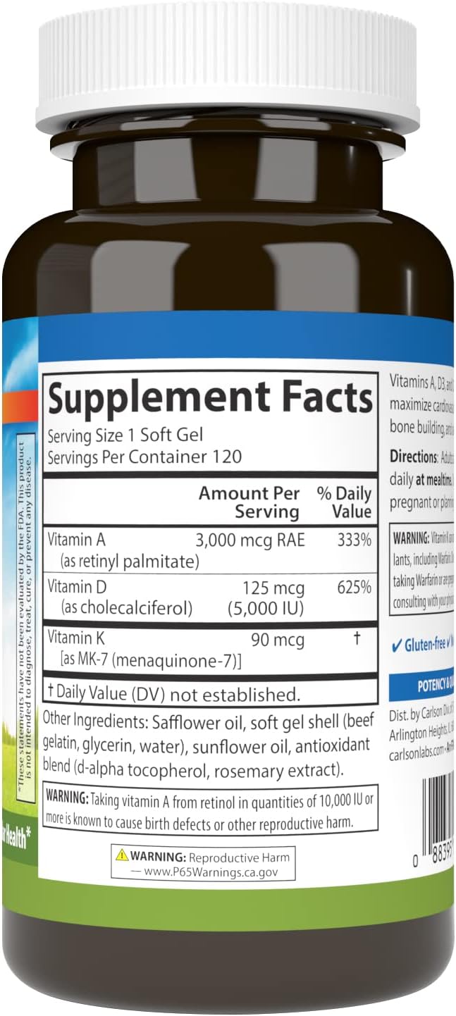Carlson - Vitaminas A, D3, K2, 3000 mcg RAE Vitamina A, 125 mcg Vitamina D3, 90 mcg Vitamina K2 como MK-7, 120 Cápsulas Blandas