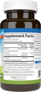 Carlson - Vitaminas A, D3, K2, 3000 mcg RAE Vitamina A, 125 mcg Vitamina D3, 90 mcg Vitamina K2 como MK-7, 120 Cápsulas Blandas
