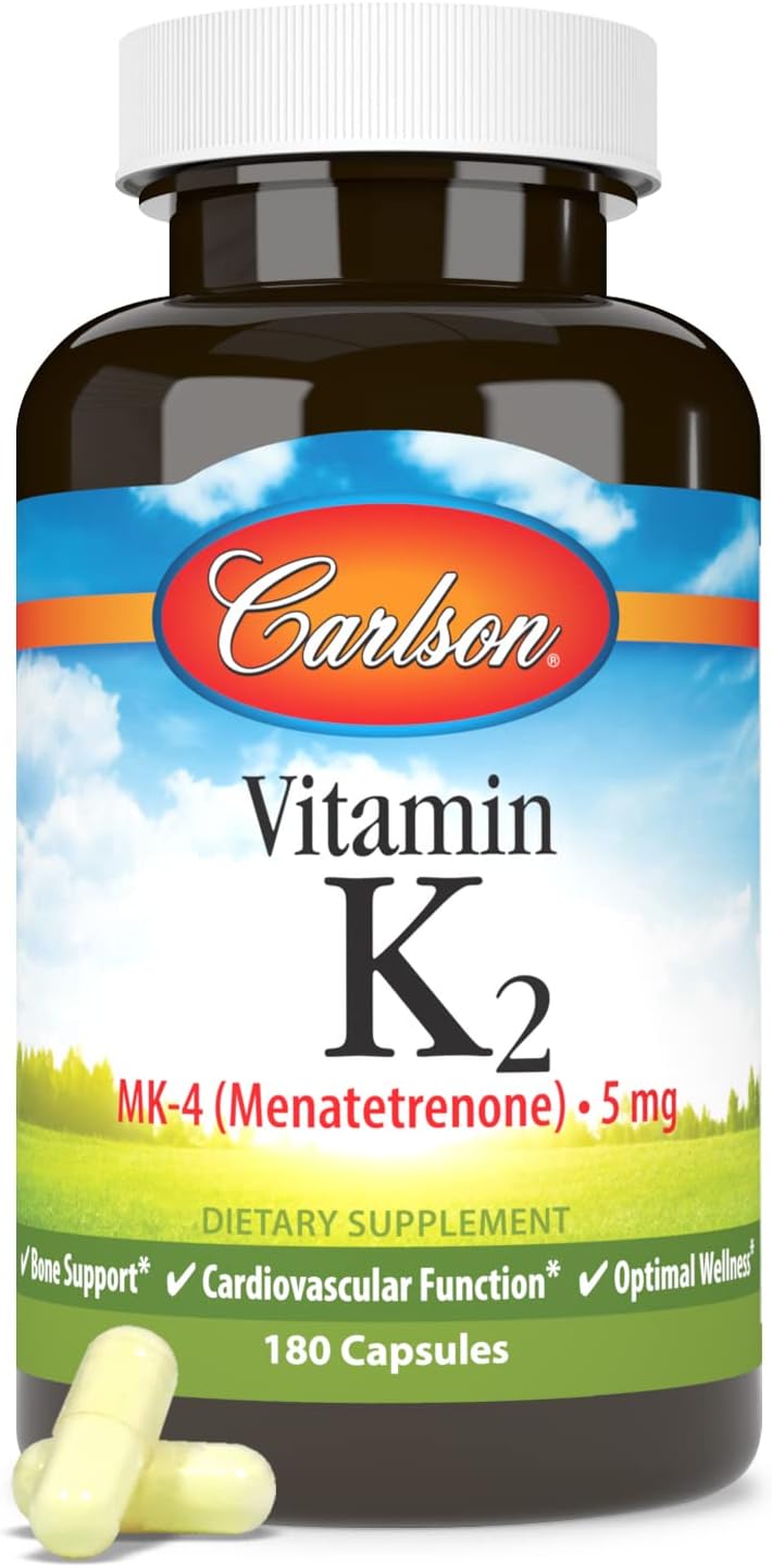 Carlson - Vitamina K2, MK-4 (Menatetrenona), Suplemento de Vitamina K, Salud Ósea y Cardíaca, Sin Soja, 180 Cápsulas