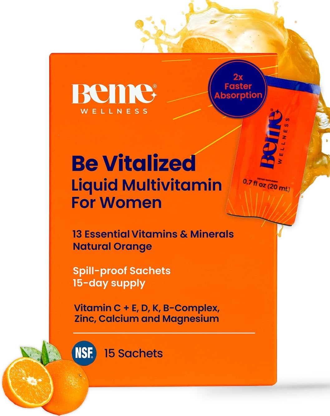 BeMe Multivitamínico Líquido para Hombres - 13 Vitaminas y Minerales - Sobres Monodosis, Sabor Naranja (15 Sobres)
