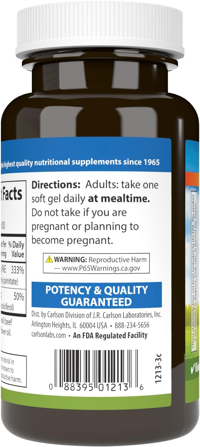 Carlson - Vitamina A y D3, 10000 UI (3000 mcg RAE) de Vitamina A, 400 UI (10 mcg) de Vitamina D3, 300 Cápsulas Blandas