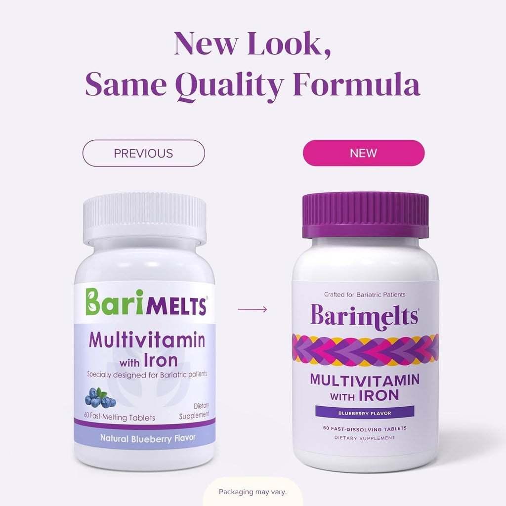 BariMelts Multivitamínico Bariátrico con Hierro - Suministro para 1 Mes (60 Comprimidos de Disolución Rápida) - Sin Azúcar - Vitaminas Postoperatorias - Sabor Natural a Arándanos
