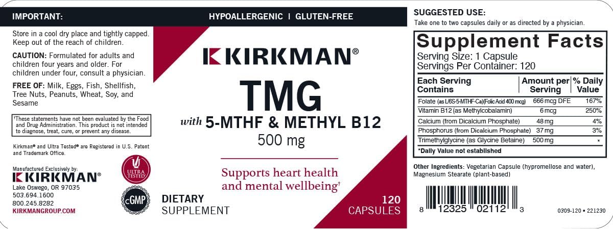 TMG (Trimethylglycine) 500 mg con Ácido Folínico y B12 - Hipoalergénico, 120 Cápsulas
