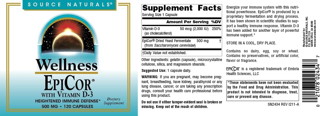 Source Naturals Wellness EpiCor con Vitamina D-3 – 120 Cápsulas