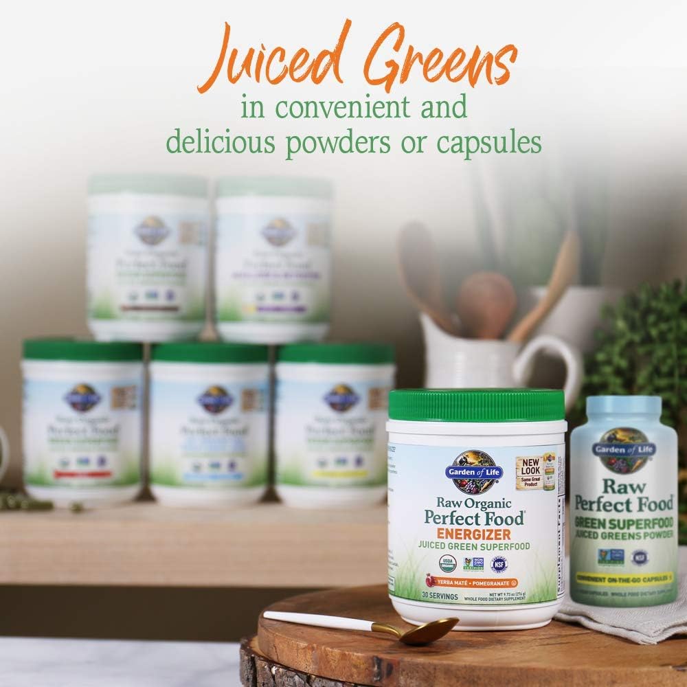 Garden of Life Raw Organic Perfect Food Energizer - Superfood Verde en Polvo Sabor Granada y Yerba Mate, 30 Raciones