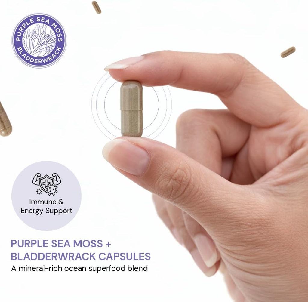 Cápsulas de Musgo Marino Púrpura y Bladderwrack | 2202mg Perfil Nutricional Completo - Mezcla de Algas Silvestres para el Bienestar Diario – 60 Cápsulas