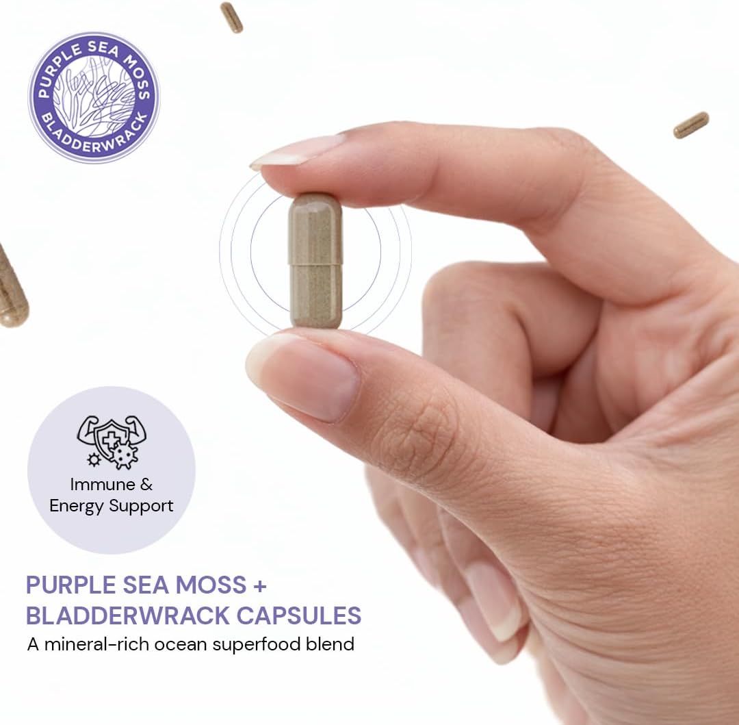Cápsulas de Musgo Marino Púrpura y Bladderwrack | 2202mg Perfil Nutricional Completo - Mezcla de Algas Silvestres para el Bienestar Diario – 60 Cápsulas