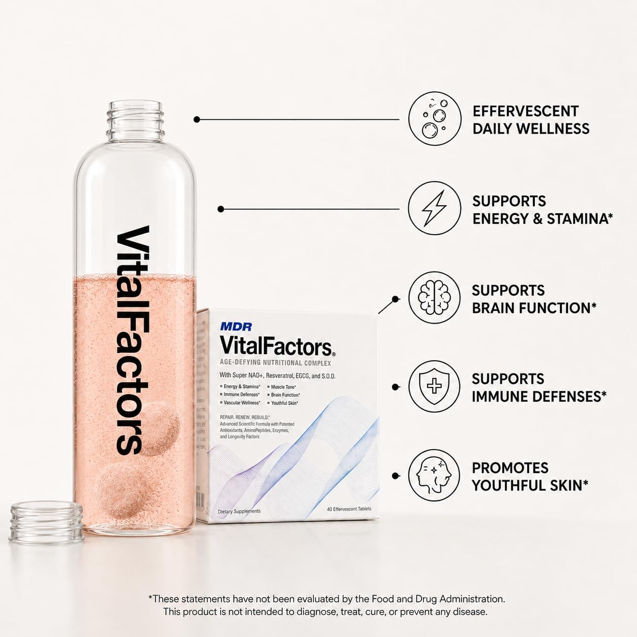 MDR VitalFactors NAD+ Anti-Aging Drink Mix – 40 Comprimidos Efervescentes