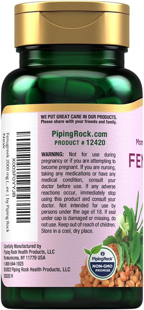 Piping Rock Fenugreek Capsules for Women - 100 Cápsulas - Extracto Concentrado de Semilla - Suplemento Herbal - No GMO, Sin Gluten