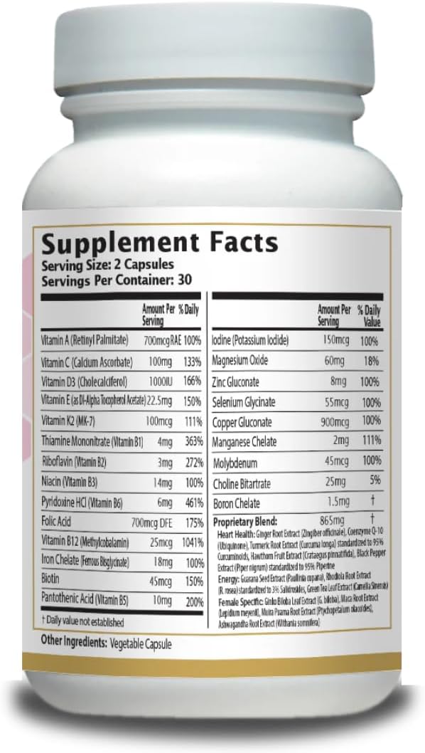 AnuMed Multivitamínico para Mujeres con Hierro, Vitamina D3, Magnesio, Complejo B y Apoyo Herbal - 60 Cápsulas