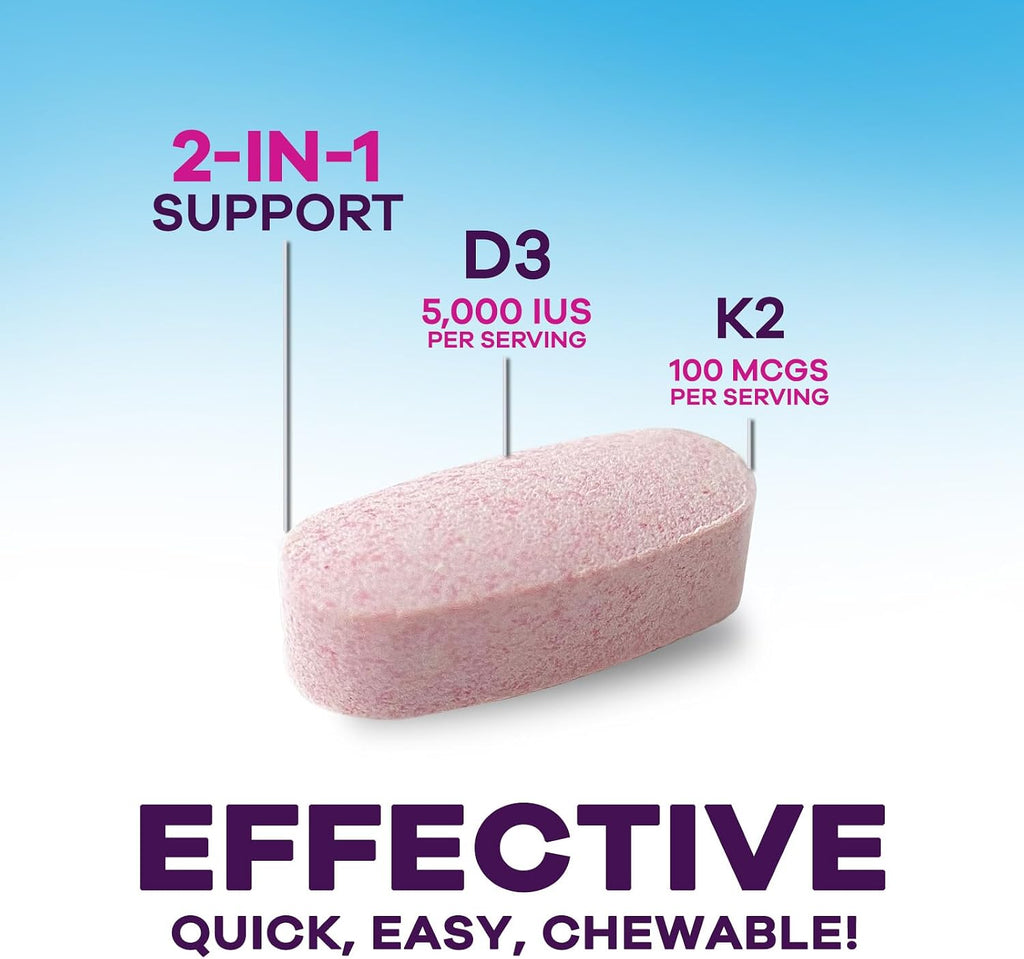 Nature's Peak Vitamina D3 K2 5000 UI + 100 mcg MK-7 - 60 Comprimidos Masticables Sabor Baya