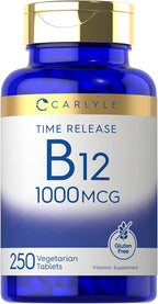 Carlyle Vitamina B12 1000 mcg | 250 Comprimidos | Liberación Prolongada | Cianocobalamina | Vegetariano, No GMO y Sin Gluten