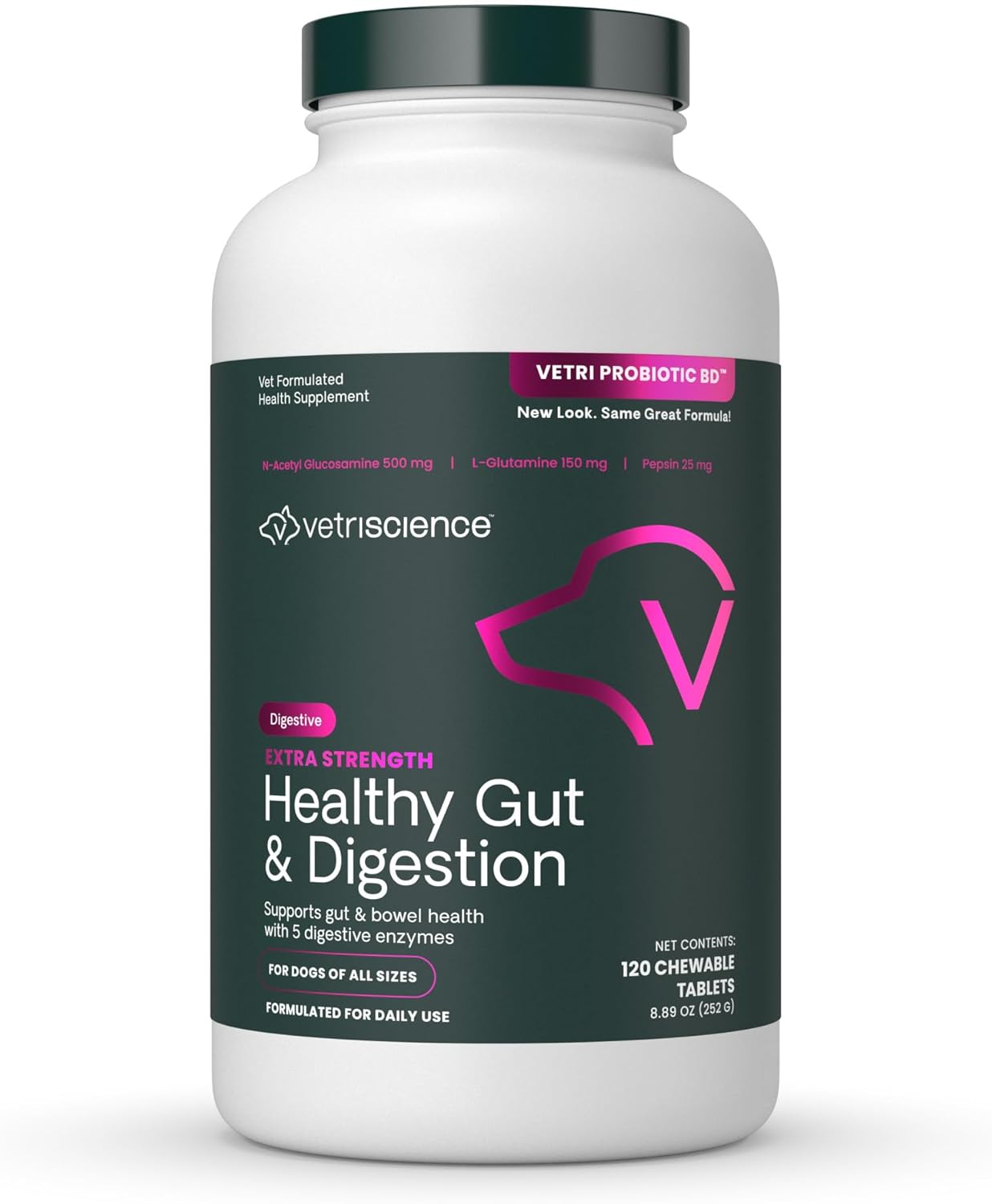 VetriScience Extra Strength Healthy Gut & Digestion - Complemento para perros con probióticos y enzimas digestivas, 120 comprimidos masticables sabor pollo