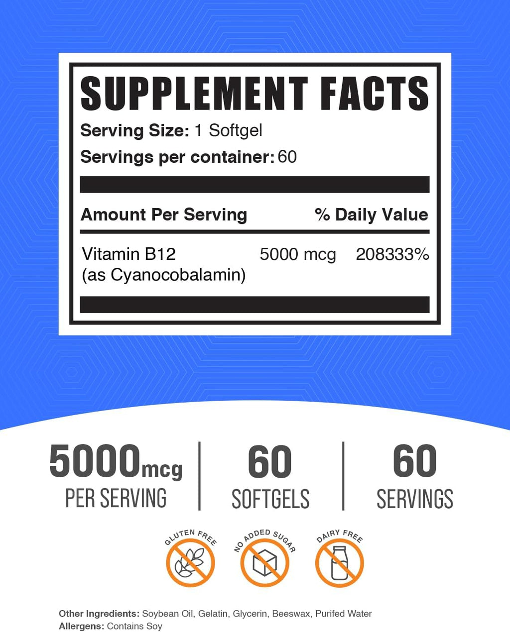 Vitamina B12 5000 mcg - Cianocobalamina - Suplemento para Energía - 60 Softgels