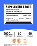 Vitamina B12 5000 mcg - Cianocobalamina - Suplemento para Energía - 60 Softgels