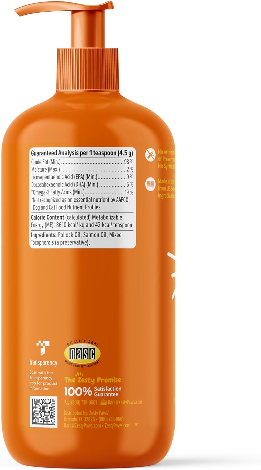 Zesty Paws Aceite de Pescado Wild Alaskan Omega-3 (Salmón y Abadejo) para Perros y Gatos - 946 ml