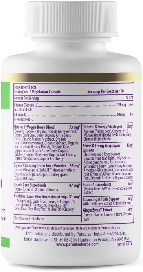 Paradise Herbs Earth's Blend Vitamina D3 + K2, Base de Superalimentos, Probióticos y Verduras Alcalinizantes Orgánicas, Bayas, 90 Cápsulas Vegetales