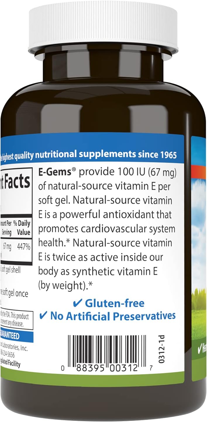 Carlson E-Gems, 100 UI, 250 cápsulas blandas - Vitamina E Natural