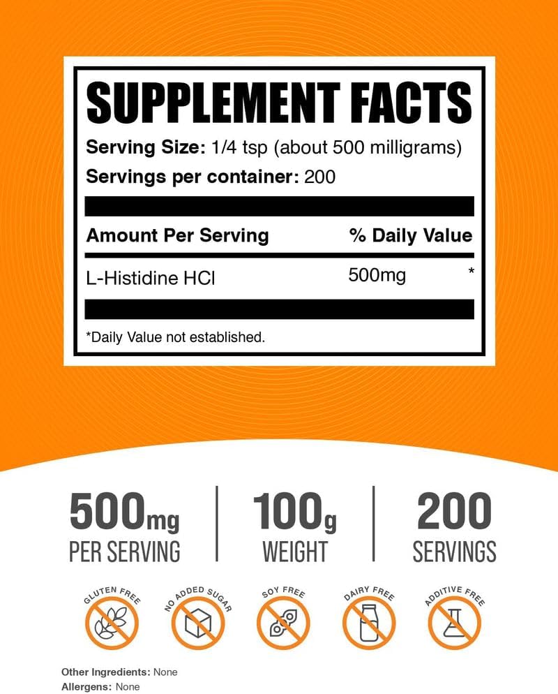 BulkSupplements L-Histidine HCl Powder - Essential Amino Acid - 500 mg per Serving, 100 g