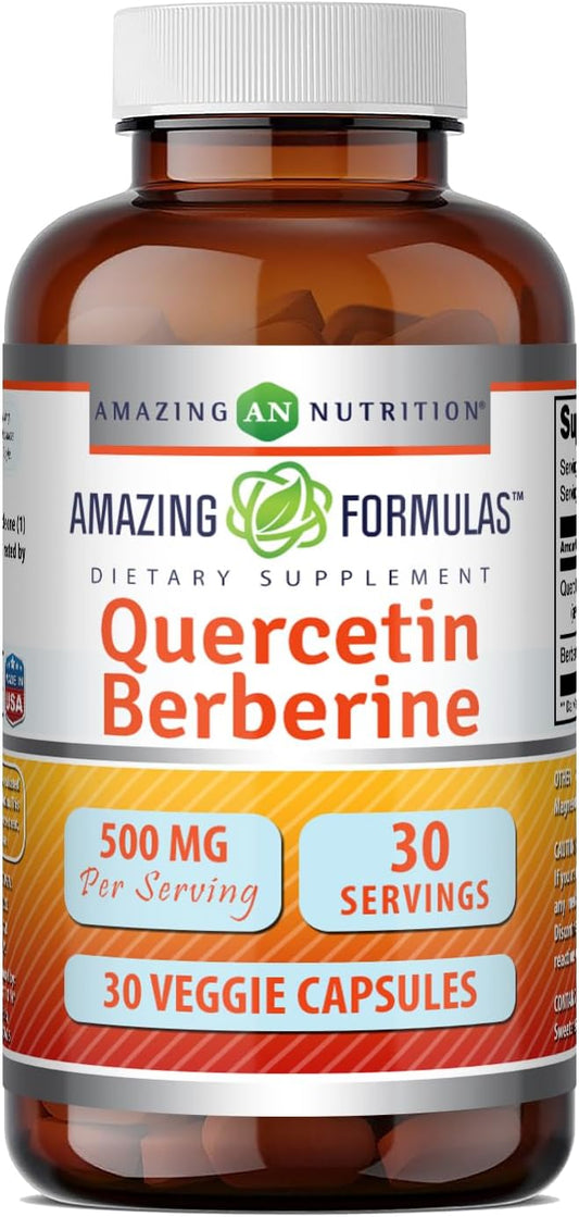 Amazing Formulas Quercetina Berberina | 250 mg Berberina y 250 mg Quercetina | Cápsulas Vegetales | No GMO | Sin Gluten | Hecho en EE.UU. (30 unidades)