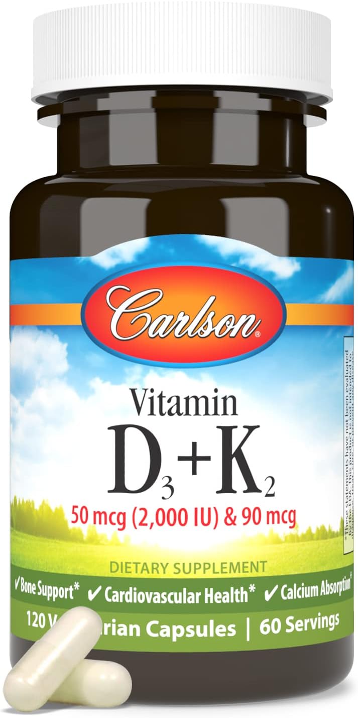 Carlson Vitamina D3 + K2, 50 mcg (2000 UI) Vitamina D3 y 90 mcg Vitamina K2 como MK-7, Soporte Óseo, Absorción de Calcio, 120 Cápsulas