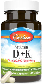 Carlson Vitamina D3 + K2, 50 mcg (2000 UI) Vitamina D3 y 90 mcg Vitamina K2 como MK-7, Soporte Óseo, Absorción de Calcio, 120 Cápsulas