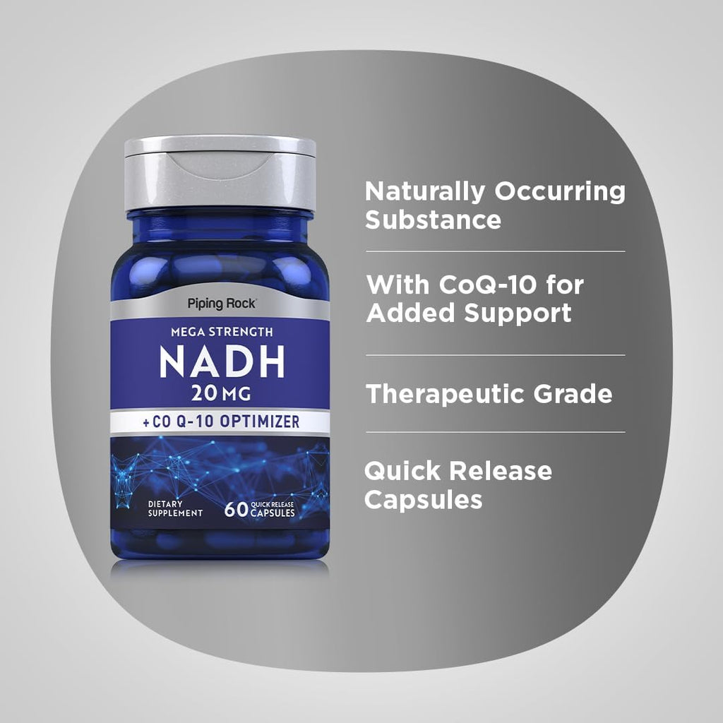 Piping Rock NADH CoQ10, 20 mg, 60 Cápsulas, Mega Fuerza, Sin OGM, Sin Gluten