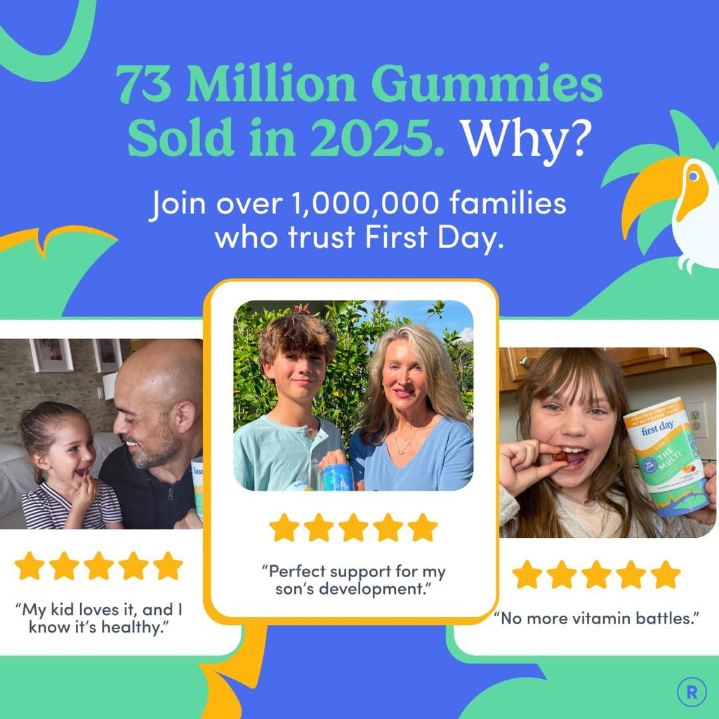 FIRST DAY Kids Multivitamin Gummies - Gominolas multivitamínicas infantiles, fresa y naranja, 60 días