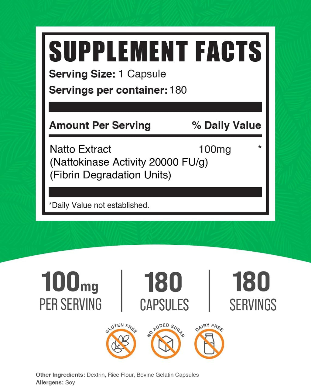 BulkSupplements.com Nattokinase 2000 FU Cápsulas - Extracto de Natto, 100mg, Sin Gluten, 1 Cápsula por Ración, 180 Cápsulas