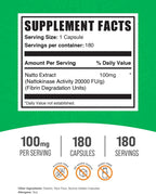 BulkSupplements.com Nattokinase 2000 FU Cápsulas - Extracto de Natto, 100mg, Sin Gluten, 1 Cápsula por Ración, 180 Cápsulas