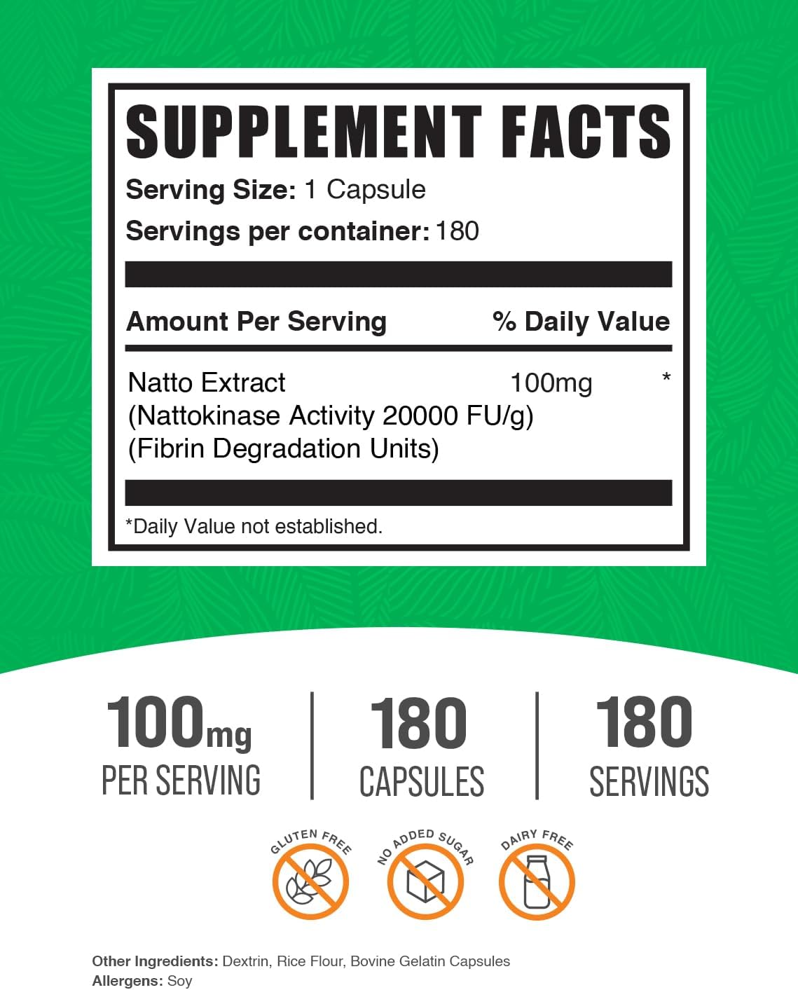 BulkSupplements.com Nattokinase 2000 FU Cápsulas - Extracto de Natto, 100mg, Sin Gluten, 1 Cápsula por Ración, 180 Cápsulas