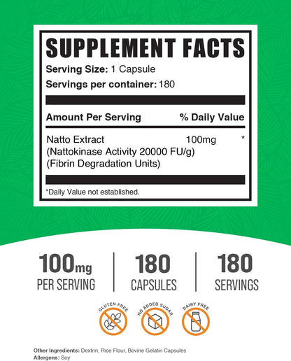 BulkSupplements.com Nattokinase 2000 FU Cápsulas - Extracto de Natto, 100mg, Sin Gluten, 1 Cápsula por Ración, 180 Cápsulas – Image 2