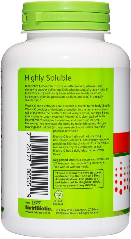 NutriBiotic Electro-C, Vitamina C y Electrolitos en Polvo, Sabor Limón, 227 g