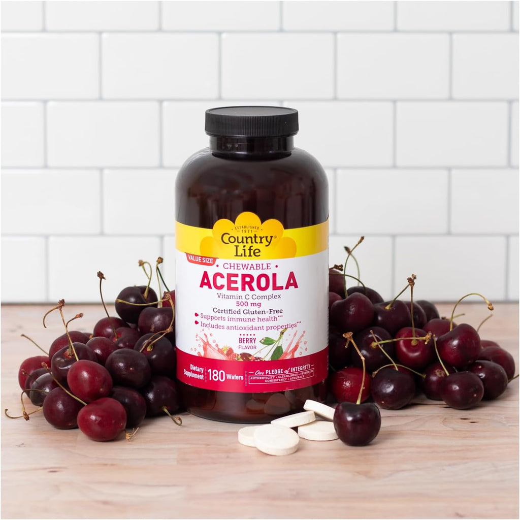 Country Life Complejo de Vitamina C con Acerola - 500 mg - 180 Obleas Masticables Sabor a Bayas