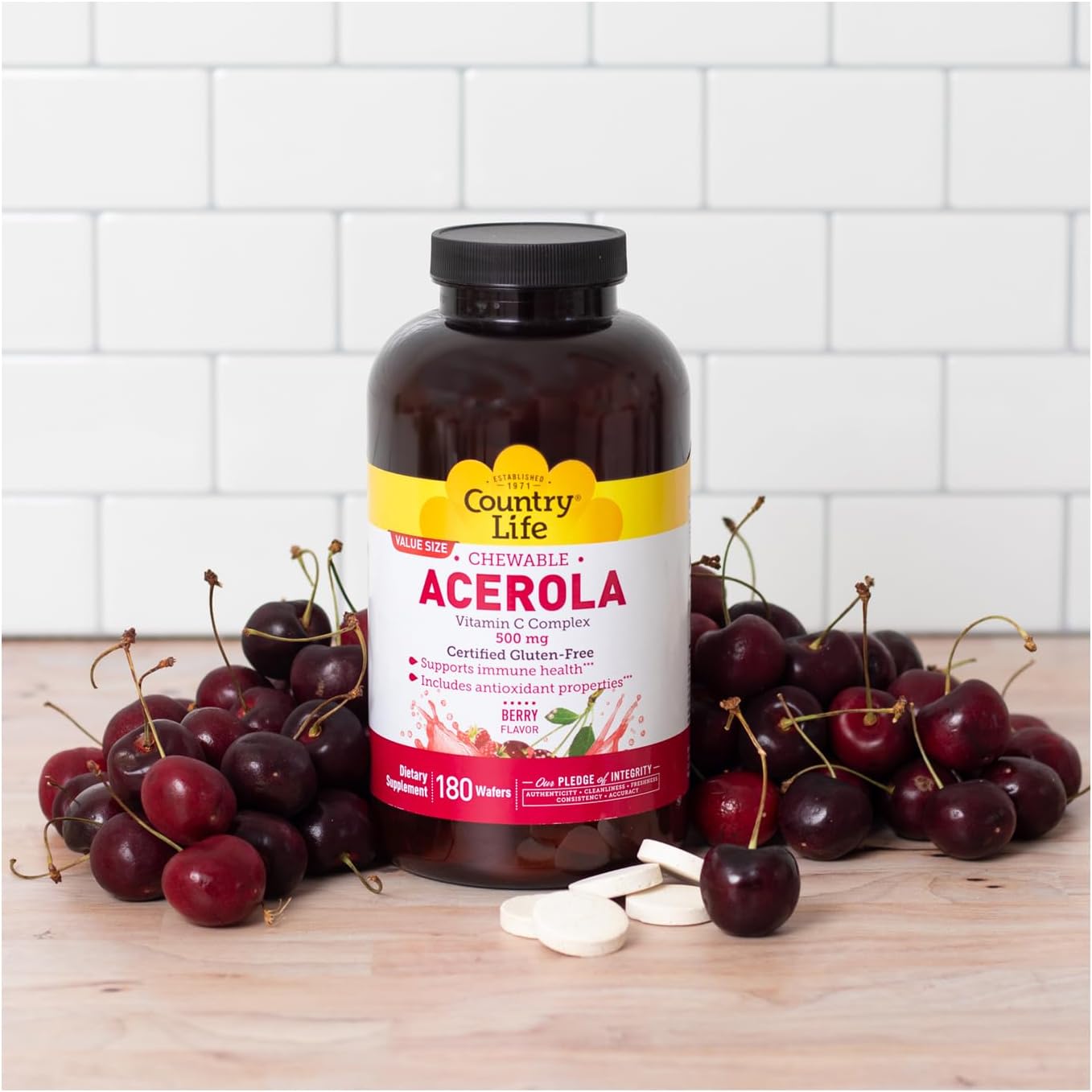 Country Life Complejo de Vitamina C con Acerola - 500 mg - 180 Obleas Masticables Sabor a Bayas