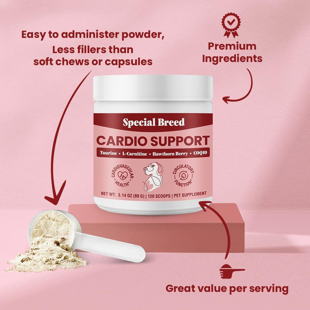 Special Breed Cardio Support – Suplemento cardíaco para perros con taurina, L-carnitina, CoQ10 y espino blanco orgánico – 120 dosis